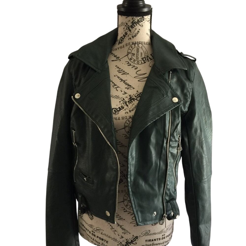 CI SONO by Cavallini Women's Size Small Vegan Leather Moto Jacket Forest Green